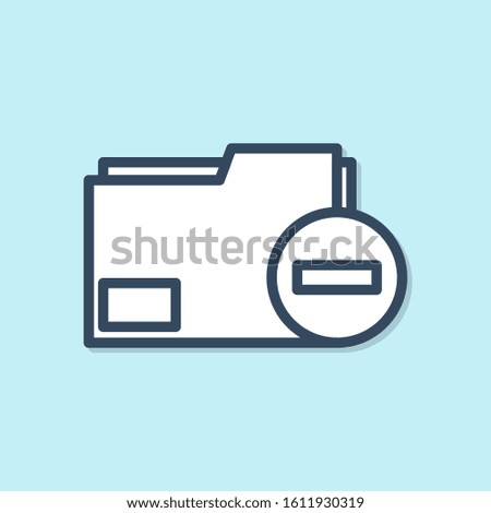 Blue line Document folder with minus icon isolated on blue background. Clear document. Remove file document. Delete information file.  Vector Illustration