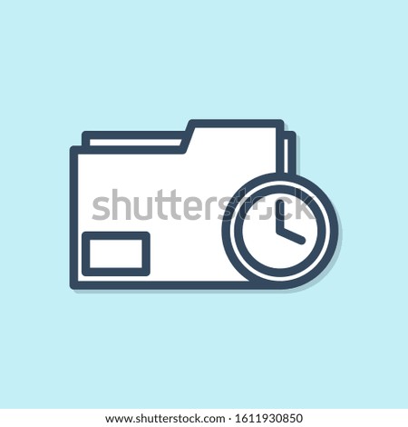Blue line Document folder with clock icon isolated on blue background. Document and countdown, deadline, schedule, planning symbol.  Vector Illustration