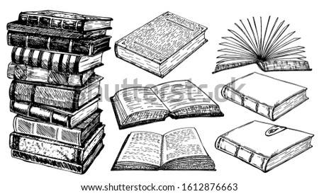 Books vector collection sketch. Pile of books. Hand drawn illustration in sketch style. Library, Books shop. Various books in vintage style. Hand-drawn vector design elements.