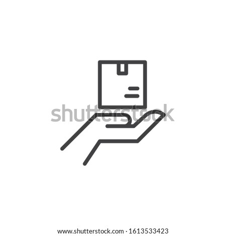 Cargo logistics line icon. Hand with cardboard box linear style sign for mobile concept and web design. Courier parcel delivery hand outline vector icon. Symbol, logo illustration. Vector graphics