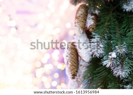 Unfocused closeup of pine cones for Christmas, snow and blur lights background