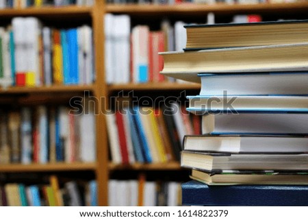 Stack of books in public library