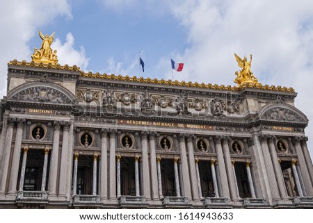 Architectural details of Opera National de Paris. Grand Opera (Garnier Palace) is famous neo-baroque building in Paris, France.
