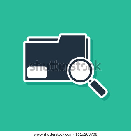 Blue Search concept with folder icon isolated on green background. Magnifying glass and document. Data and information sign.  Vector Illustration