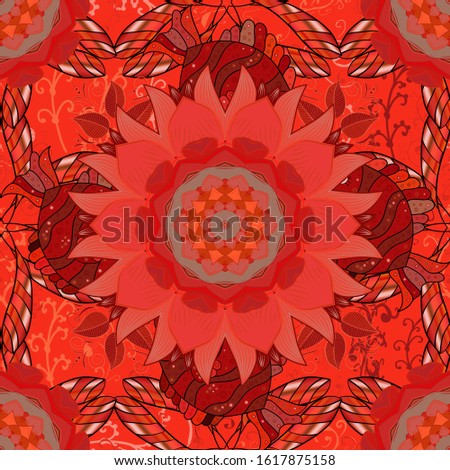 Kaleidoscope, medallion, yoga, india, arabic. Geometric circle element. Ornament orange, pink and red colored card with mandala. Tribal, Boho, Bohemian style.