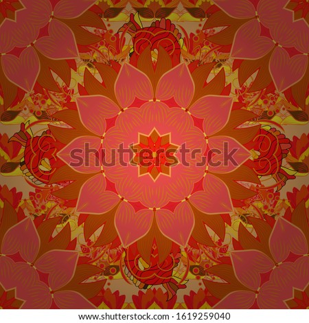 Vector islamic template for restaurant menu, flyer, greeting card, brochure, book cover and any other decorations. Decorated card with mandala in colored colors on red, orange and pink colors.