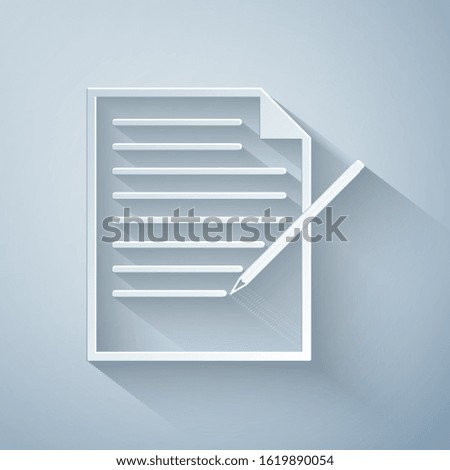 Paper cut Blank notebook and pencil with eraser icon isolated on grey background. Paper and pencil. Paper art style