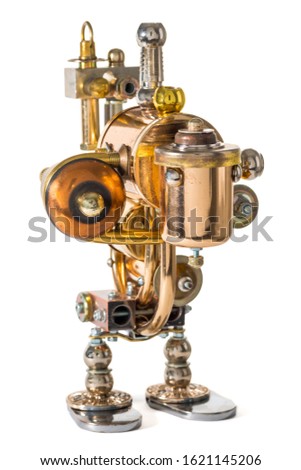 Steampunk robot. Cyberpunk style. Chrome and bronze parts. Isolated on white.