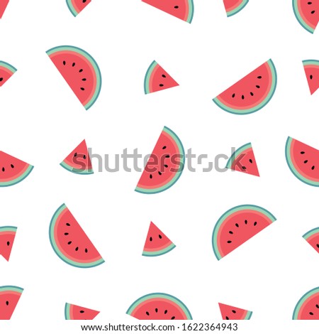 Cute watermelon pattern on a white background in a flat cartoon style. Minimalist and simple. Can be used as a wallpaper, wrapping paper, textile print, backdrop etc. Seamless vector illustration.
