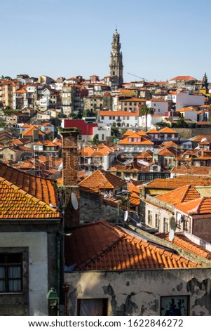Rooftops Porto city in Portugal with the Clerigos Tower
