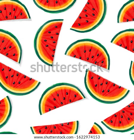 Seamless pattern design with fresh watermelon slices over white background in watercolors