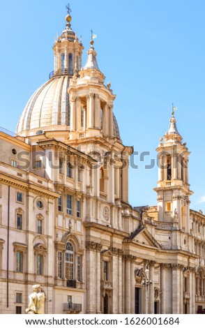 Sant'Agnese in Piazza Navona, Rome, Italy. It is famous Baroque church and landmark of Rome. Beautiful old architecture of Rome in summer. Nice detail of Navona square in the Roma city center.