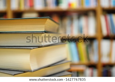 Stack of books in public library