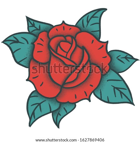 Hand drawn red rose with leaves. Imitation of rough textured Valentins Day floral tattoo design.