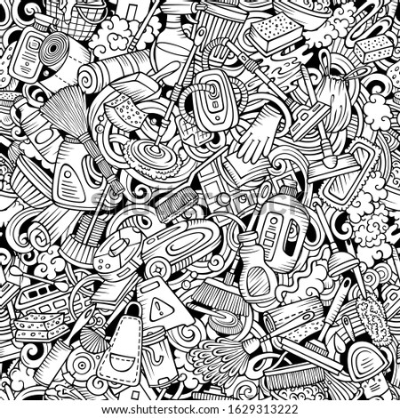 Cartoon cute doodles hand drawn Cleaning seamless pattern. Line art detailed, with lots of objects background. Endless funny vector illustration. All objects separate.
