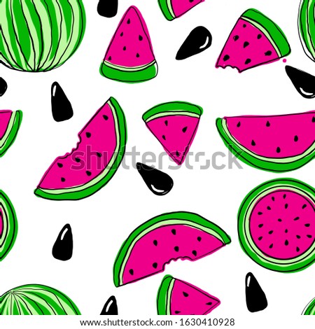 Seamless pattern of hand draw doodle watermelon. On illustration triangle, semicircle, seeds and big green whole fruit. bright unusual background for summer time. 