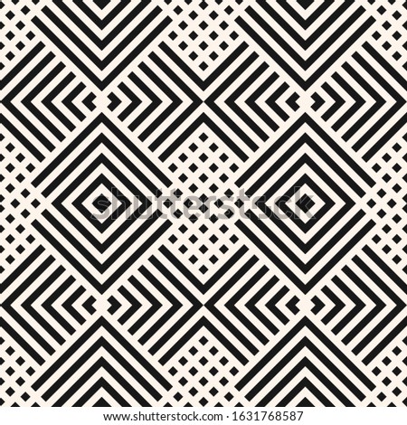 Raster geometric seamless pattern with diagonal lines, squares, rectangles, rhombuses, tiles, grid. Abstract black and white graphic texture. Simple monochrome background. Repeat geo design