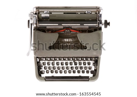 A military green old mechanical typewriter on a white background