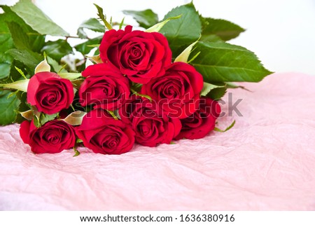 Valentines day concept. Bouquet of red roses on pink paper background. Selective focus
