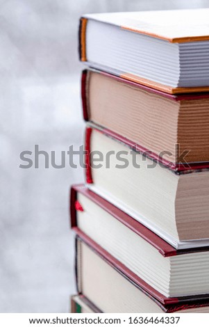 A lot of multi-colored books stand on a white wooden shelf against the backdrop of winter forest