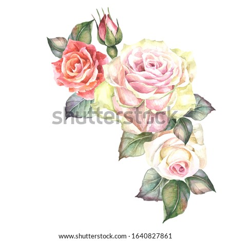 watercolor roses corner with leaves.