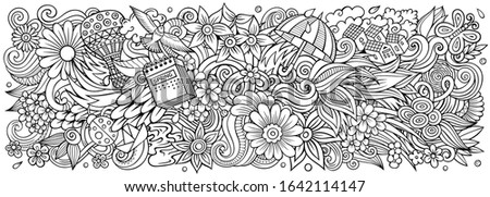 Spring hand drawn cartoon doodles illustration. Seasonal funny objects and elements poster design. Creative art background. Sketchy vector banner