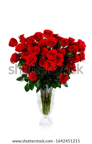 Still life photography of open red roses in a glass vase against a white background