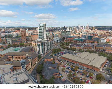 Aerial drone Leeds City Centre from rooftop view, West Yorkshire