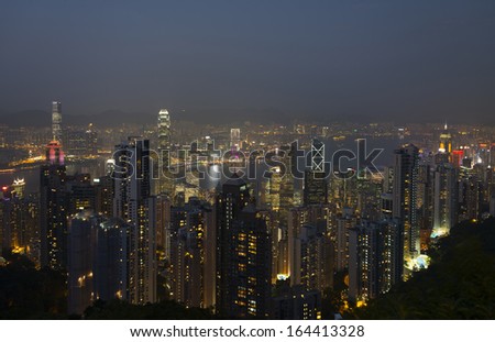 View of Hong Kong from Victoria's Peak at dusk. 