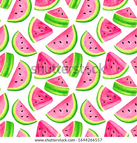 Watercolor juicy watermelon slice seamless pattern. Hand drawn colorful illustration isolated on white background for decoration, packaging, wrapping, cards, design