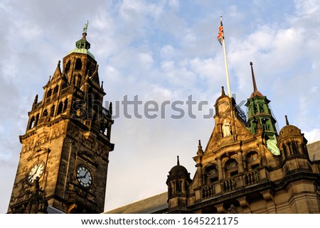 The Clock Tower of the Sheffield Town Hall, the seat of the Sheffield City Council at sun set. Sheffield, England.