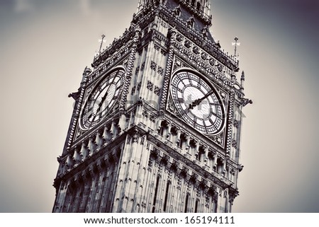 Big Ben, the bell of the clock close up. The famous icon of London, England, the UK. Black and white vintage style