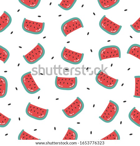 Seamless pattern with watermelons. Watermelon,slice of watermelon on white background.Colorful vector illustration in sketch style. Bright illustration for kids design. Simple flat vector illustration