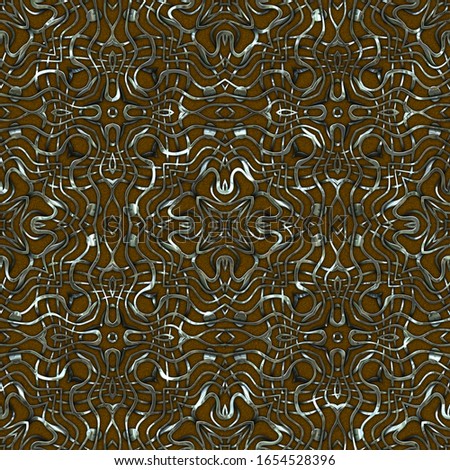 Luxury regal seamless pattern with silver mesh ornament in style of fashion on colorful fabric background. 
3D illustration. Luxurious glossy metalwork fantasy texture.