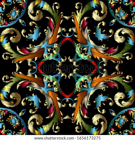 Embroidery Baroque vector seamless pattern. Colorful floral grunge background. Tapestry wallpaper. Carpet. Damask flowers, leaves. Textured baroque ornaments. Embroidered texture. Renaissance style.
