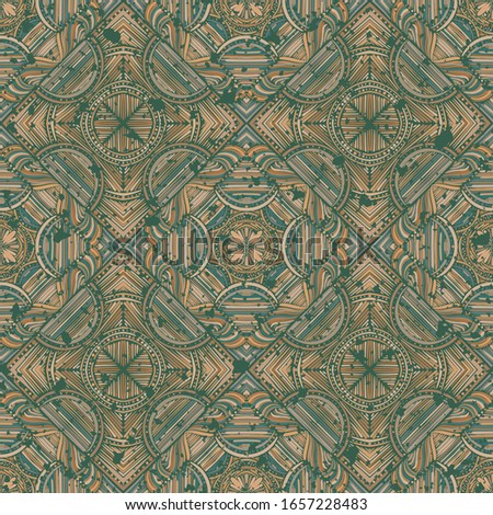 Seamless ornament. Copper patina. Quadrilateral elements. Green-blue background.