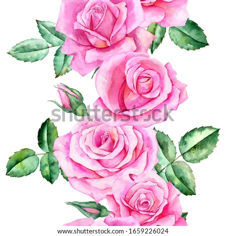 watercolor drawing seamless pattern with pink flowers and leaves of rose, floral garland, hand drawn botanical illustration