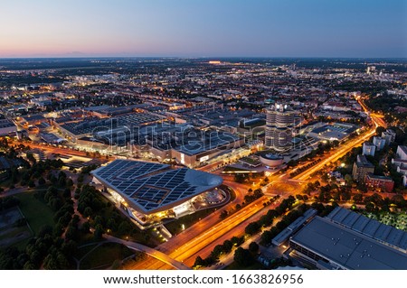 View of Munich and BMW factory from above at night