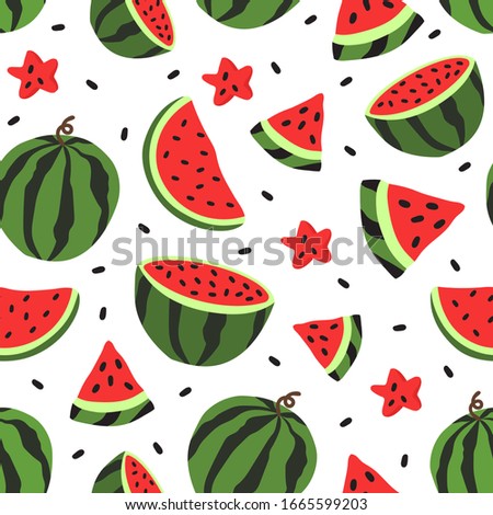 Seamless pattern with watermelon and its slices. Colorful watermelon cut into pieces vector illustration for print, fabric and textile background, packaging and wrapping paper design.