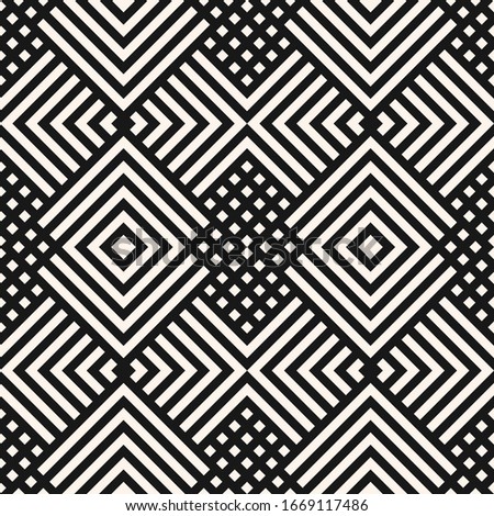 Raster geometric seamless pattern with diagonal lines, squares, rectangles, rhombuses, tiles, grid. Abstract black and white graphic texture. Simple modern monochrome background. Repeat design