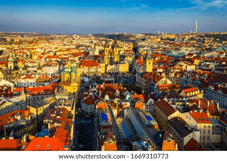 Aerial panoramic drone view of the city of Prague at the Old Town Square, Czechia. Prague Old Town historical center of Prague, buildings and landmarks of old town, Prague, Czech Republic. 