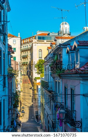 View of a narrow street in Lisbon, Portugal