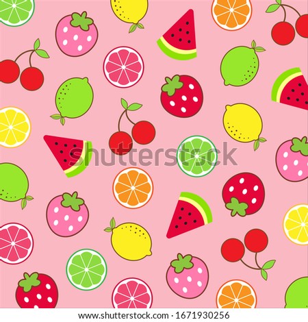 Colorful fruit pattern.Strawberry ,lemon ,lime ,citrus ,cherry grapefruit ,orange and watermelon isolated on pink pastel background.Design for print or screen ,wrapping paper ,fabric ,wallpaper.vector
