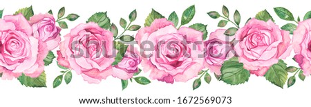 Watercolor border of green leaves of pink roses. Floral seamless pattern.