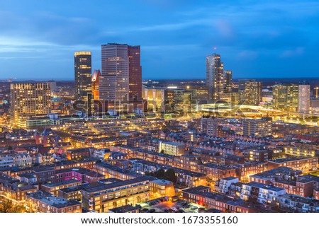 The Hague, Netherlands city centre skyline at twilight.