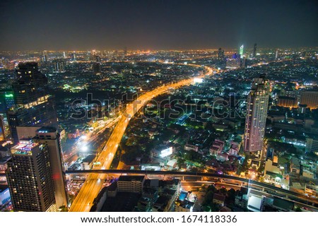 Aerial view of Bangkok Downtown Skyline at night, Thailand.