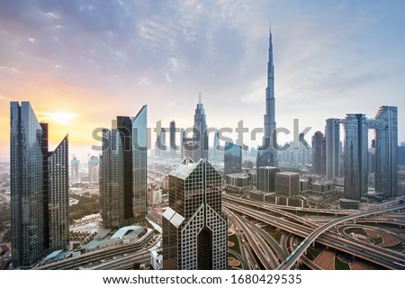 Sunrise view on Dubai city center skyline, United Arab Emirates