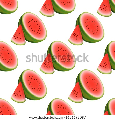 Vector watermelon seamless pattern. Composition half watermelon and triangular slice watermelon on white background. Colorful vector illustration gradient fill