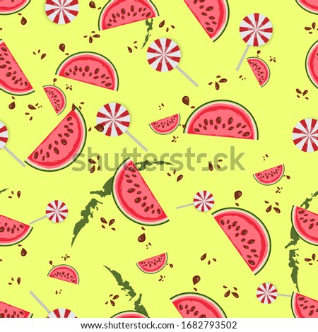  Sammer  seamless pattern with watermelon and candy. Vector illustration. Design wallpaper, fabrics, postal packaging.