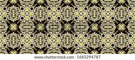 Golden Floral Flower Tile. Vintage Geometric Flower. Gold Bohemian Floral Tile. Indonesian Geometric Pattern Boho. Gold Ethnic Ikat Gold Tribal Endless Texture. Indian Geometric Batik Print.